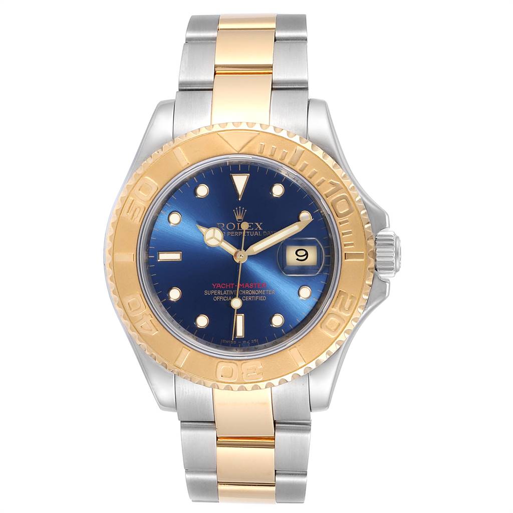 This Rolex Yacht-Master 16623 Men's Stainless Steel Blue Dial 16623 Men's Stainless Steel Blue Dial watch is shown from a top view, revealing its face, bezel, and two-tone bracelet.