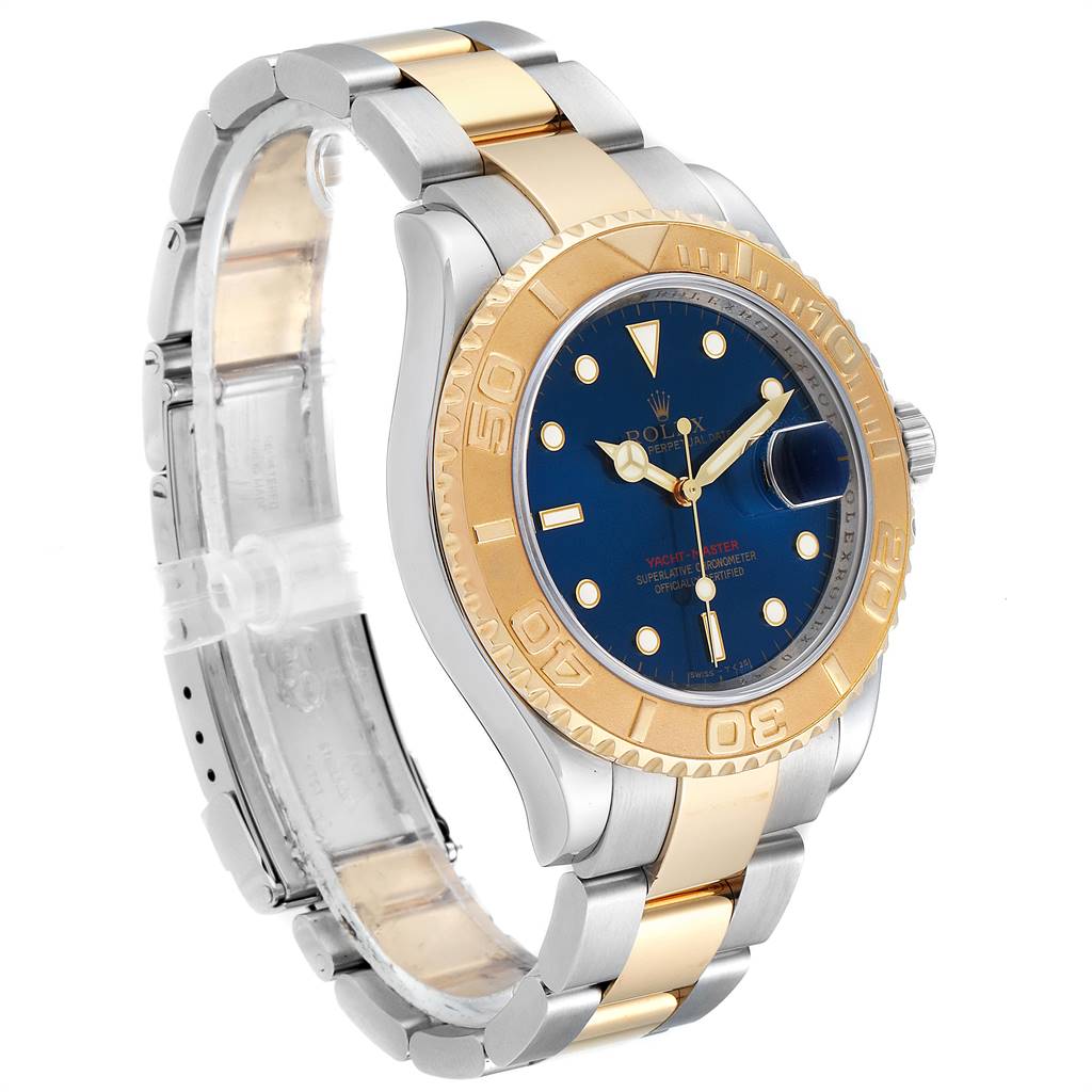 The image shows a side angle of a Rolex Yacht-Master 16623 Men's Stainless Steel Blue Dial 16623 Men's Stainless Steel Blue Dial watch, highlighting the two-tone band, bezel, and face.