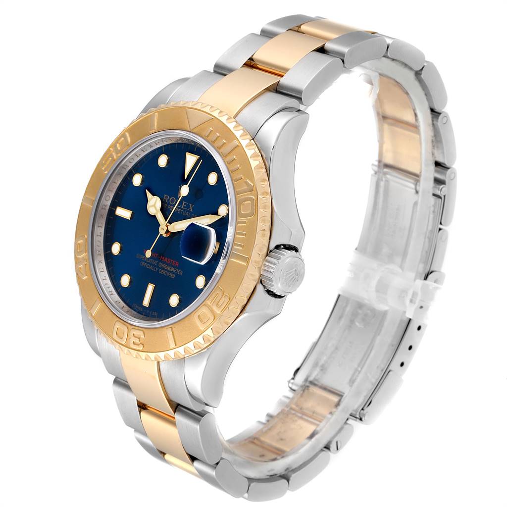 The Rolex Yacht-Master 16623 Men's Stainless Steel Blue Dial 16623 Men's Stainless Steel Blue Dial watch is shown at a three-quarter angle, displaying the dial, bezel, and bracelet.
