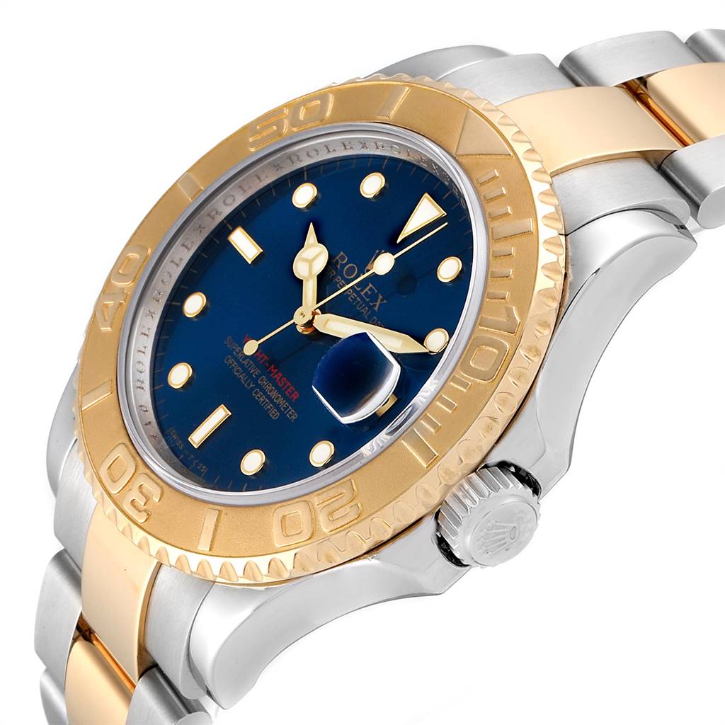 The image shows a close-up side view of a Rolex Yacht-Master 16623 Men's Stainless Steel Blue Dial 16623 Men's Stainless Steel Blue Dial watch, highlighting the bezel, crown, and part of the bracelet.