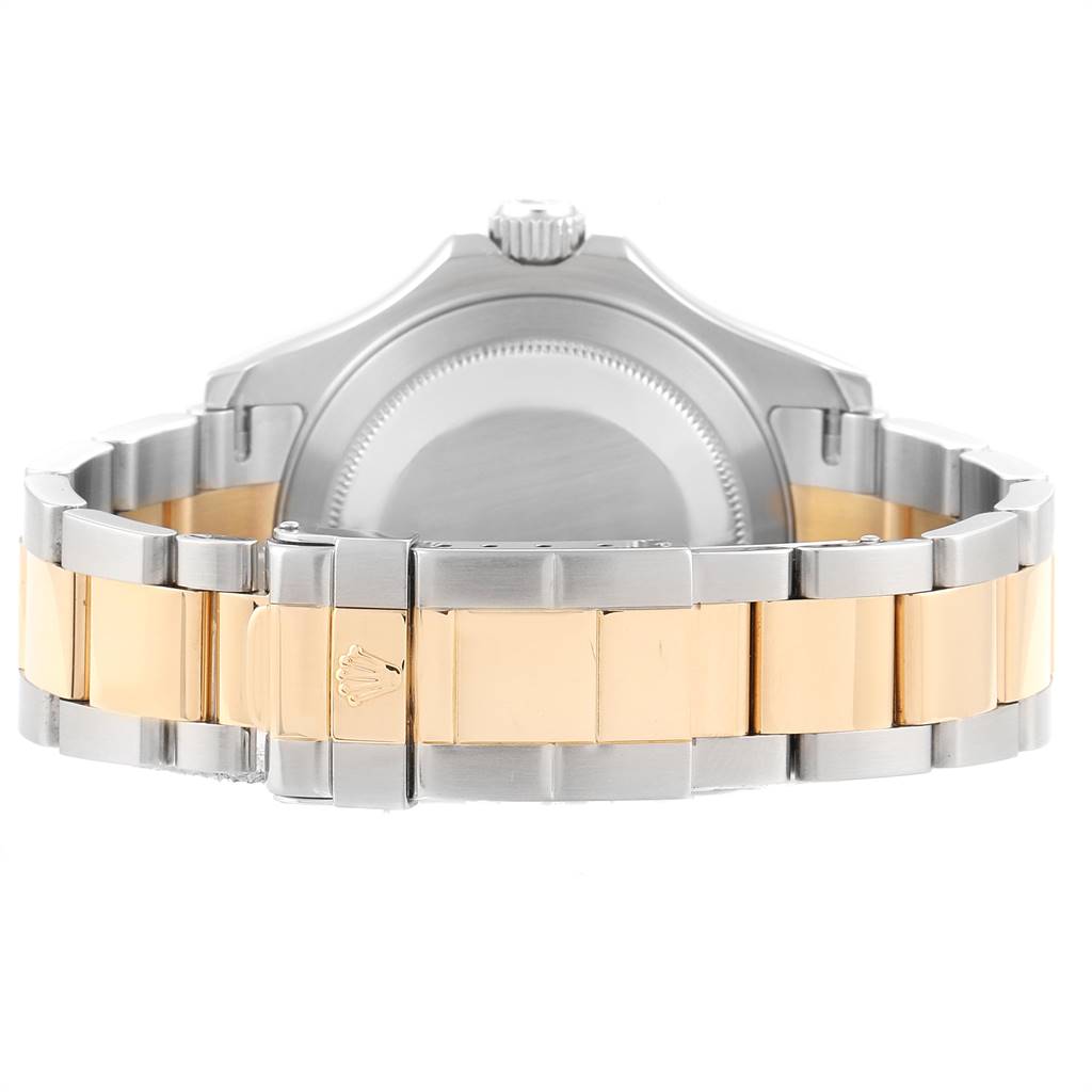 This image shows the back case and two-tone bracelet of the Rolex Yacht-Master 16623 Men's Stainless Steel Blue Dial 16623 Men's Stainless Steel Blue Dial watch.