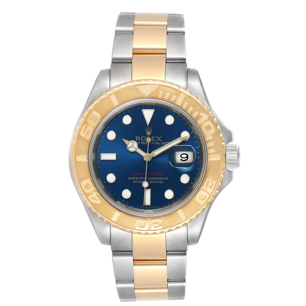 The Rolex Yacht-Master 16623 Men's Stainless Steel Blue Dial 16623 Men's Stainless Steel Blue Dial watch is shown from the front, displaying the blue dial, date window, and two-tone bracelet.
