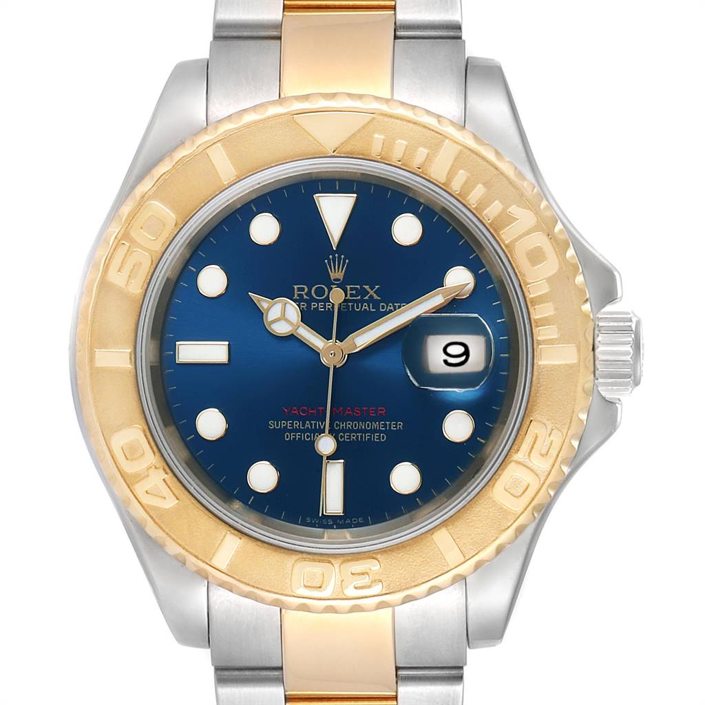 The image shows a close-up front view of the Rolex Yacht-Master 16623 Men's Stainless Steel Blue Dial 16623 Men's Stainless Steel Blue Dial watch featuring its bezel, dial, and part of the bracelet.