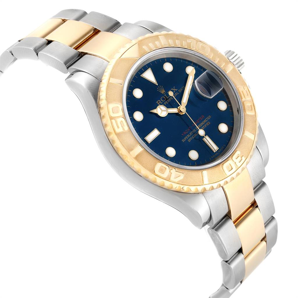 The Rolex Yacht-Master 16623 Men's Stainless Steel Blue Dial 16623 Men's Stainless Steel Blue Dial watch is shown at an angle highlighting the bracelet, bezel, and blue dial.