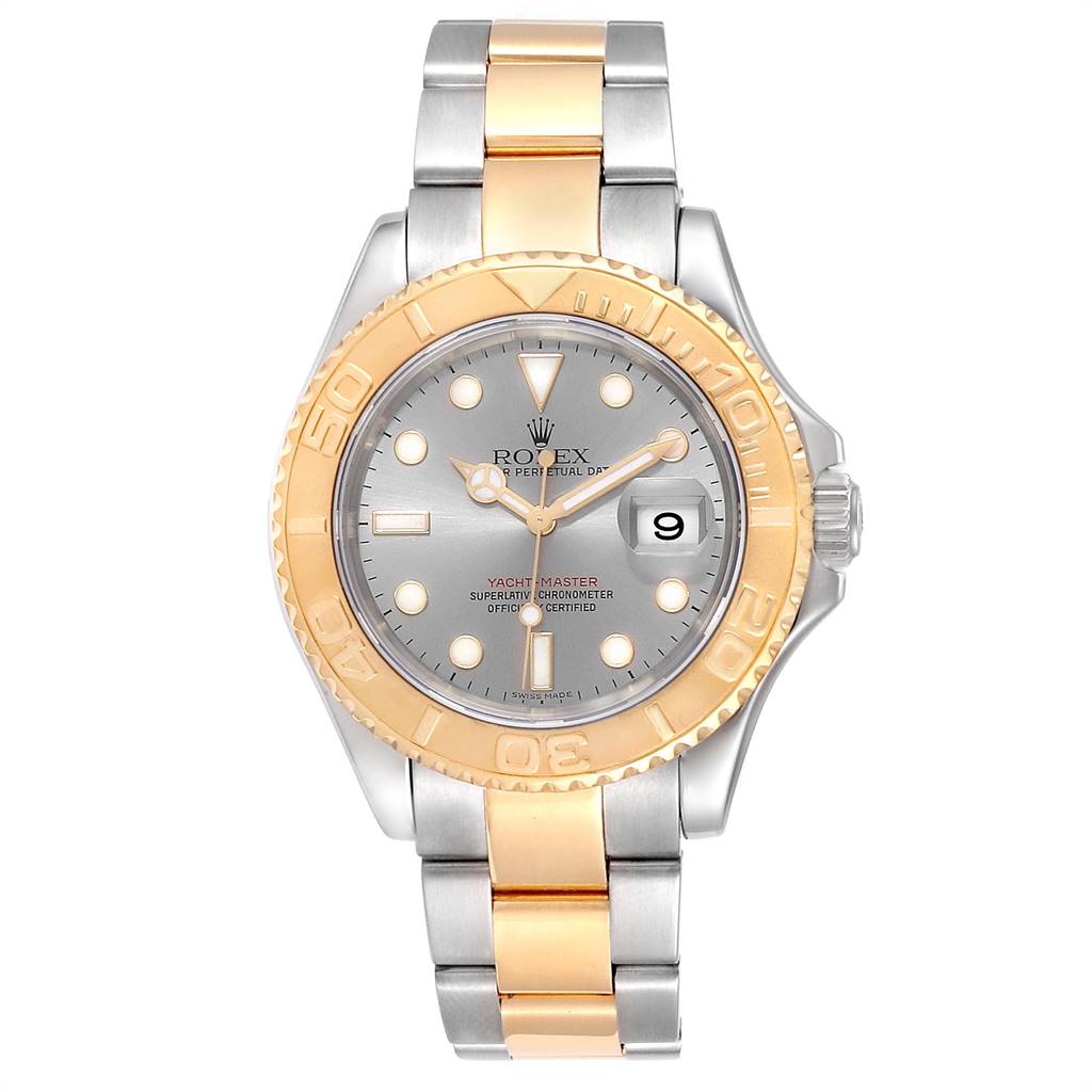 The Rolex Yacht-Master 16623 Men
s Stainless Steel Grey Dial 16623 Men
s Stainless Steel Grey Dial watch is shown from a front angle, featuring its dial, bezel, and two-tone bracelet.