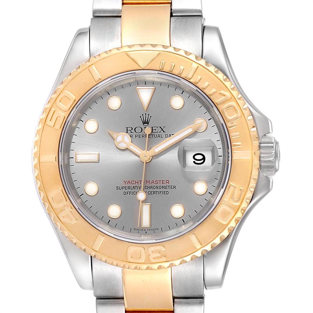 The Rolex Yacht-Master 16623 Men
s Stainless Steel Grey Dial 16623 Men
s Stainless Steel Grey Dial watch is shown from a front angle, displaying its dial, bezel, and part of its bracelet.