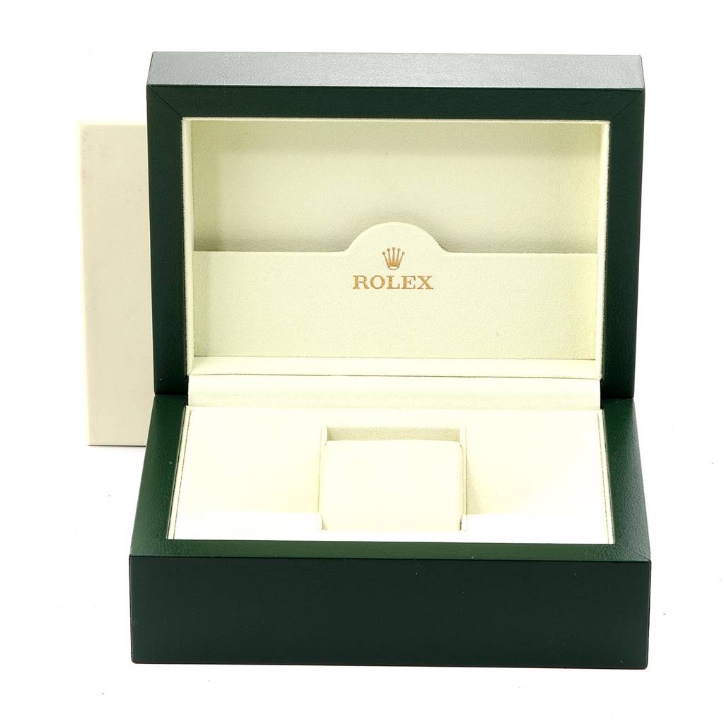 The image shows an open Rolex watch box for the Yacht-Master model, viewed from the front, with the logo on the interior lid.