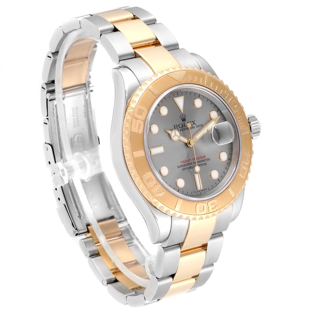 The image shows a Rolex Yacht-Master 16623 Men
s Stainless Steel Grey Dial 16623 Men
s Stainless Steel Grey Dial watch, featuring its gold and silver Oyster bracelet, case, and bezel at a slight angle.