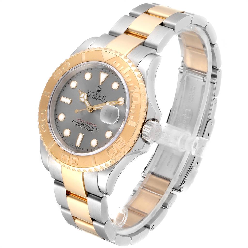 The image shows the Rolex Yacht-Master 16623 Men
s Stainless Steel Grey Dial 16623 Men
s Stainless Steel Grey Dial watch at a three-quarter angle, highlighting the dial, bezel, and bracelet.