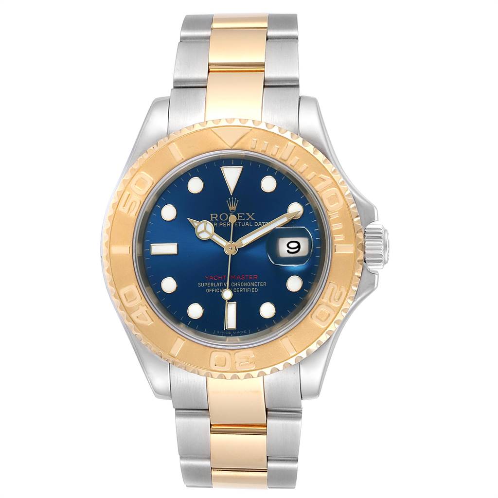 The image shows a front view of the Rolex Yacht-Master 16623 Men's Stainless Steel Blue Dial 16623 Men's Stainless Steel Blue Dial watch, highlighting its dial, bezel, and bracelet.