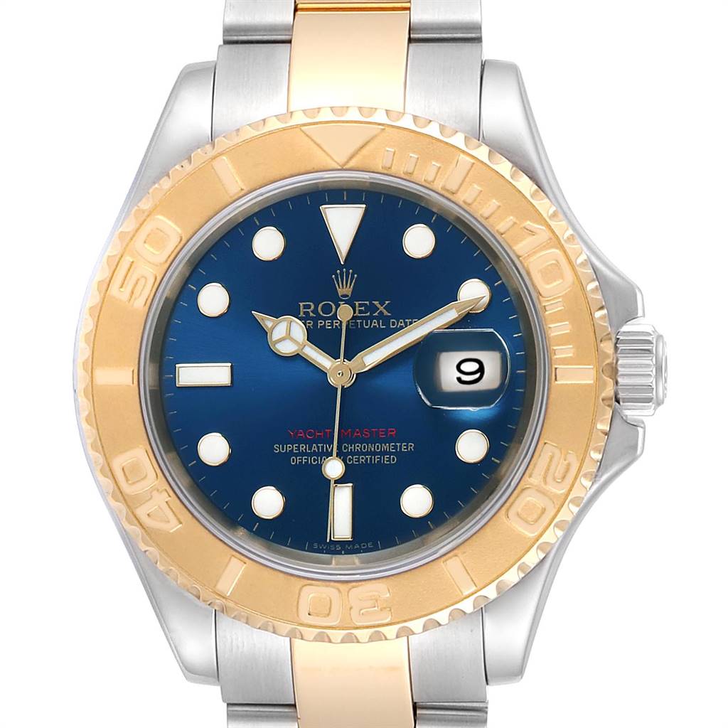 The image shows a frontal view of the Rolex Yacht-Master 16623 Men's Stainless Steel Blue Dial 16623 Men's Stainless Steel Blue Dial watch, displaying the dial, bezel, and part of the bracelet.