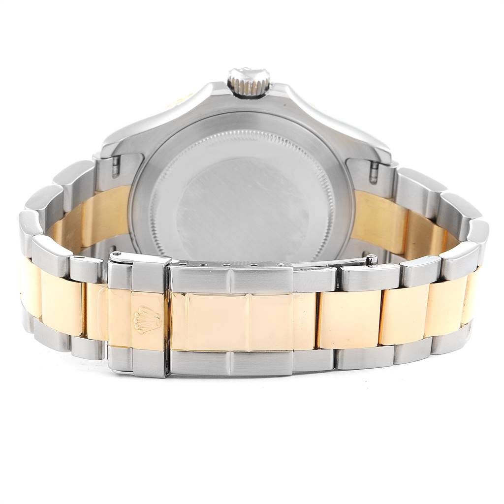 This image shows the back view of a Rolex Yacht-Master 16623 Men's Stainless Steel Blue Dial 16623 Men's Stainless Steel Blue Dial, highlighting the case back and bracelet with a gold and stainless steel design.