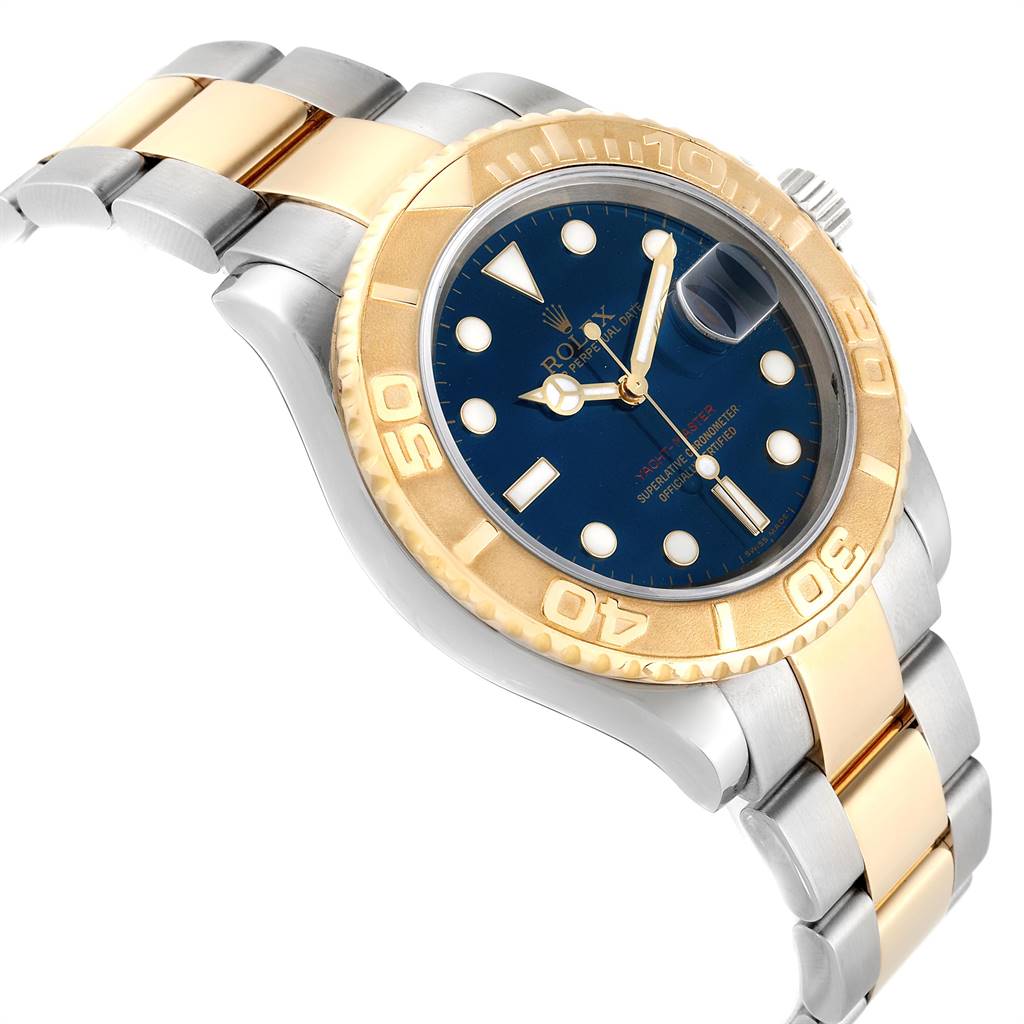 This image shows a side angle of a Rolex Yacht-Master 16623 Men's Stainless Steel Blue Dial 16623 Men's Stainless Steel Blue Dial, highlighting the gold bezel, blue dial, and two-tone metal bracelet.