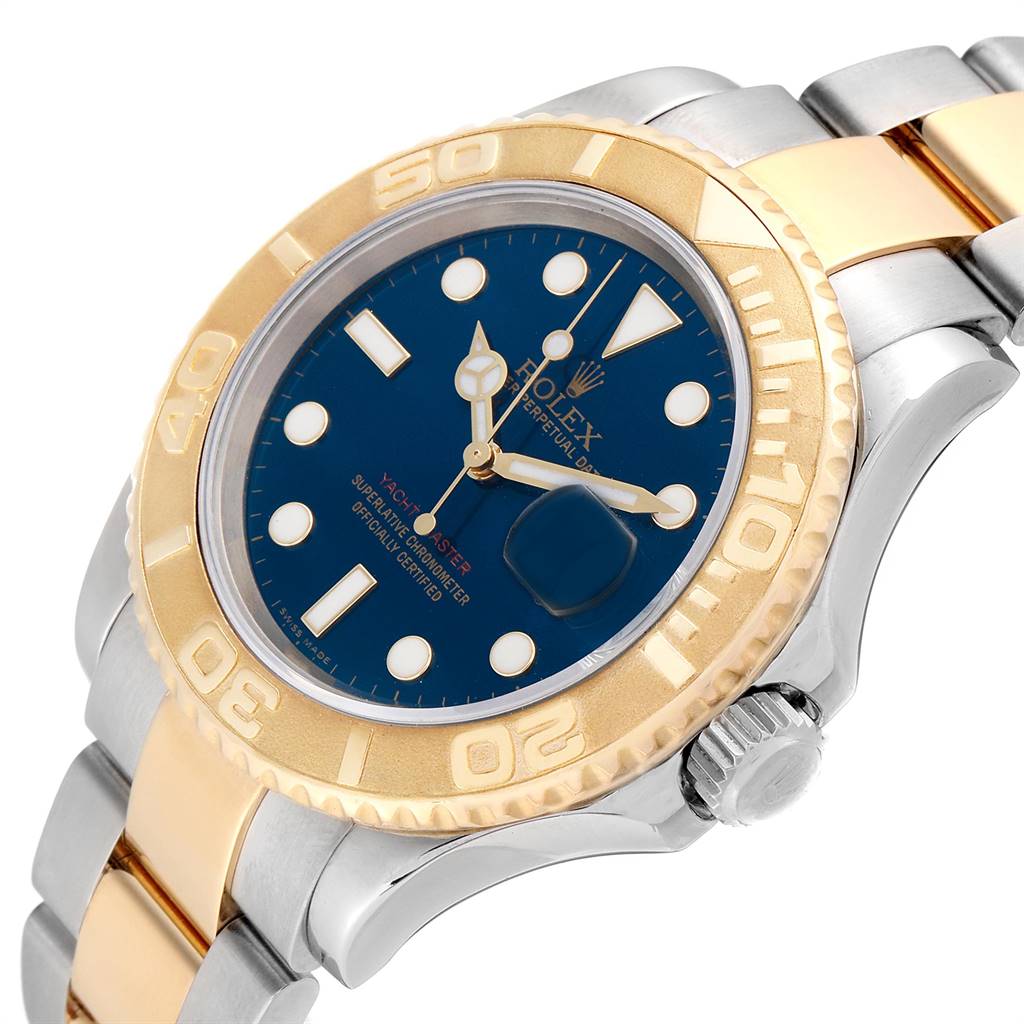 The Rolex Yacht-Master 16623 Men's Stainless Steel Blue Dial 16623 Men's Stainless Steel Blue Dial watch is shown at a slight angle, highlighting the bezel, dial, and part of the bracelet.