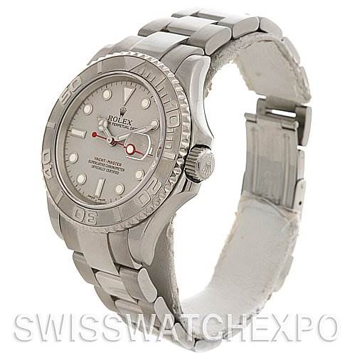 This image shows a side-angle view of a Rolex Yacht-Master 16622 Men's Stainless Steel Silver Dial 16622 Men's Stainless Steel Silver Dial watch, displaying the face, bezel, and bracelet.