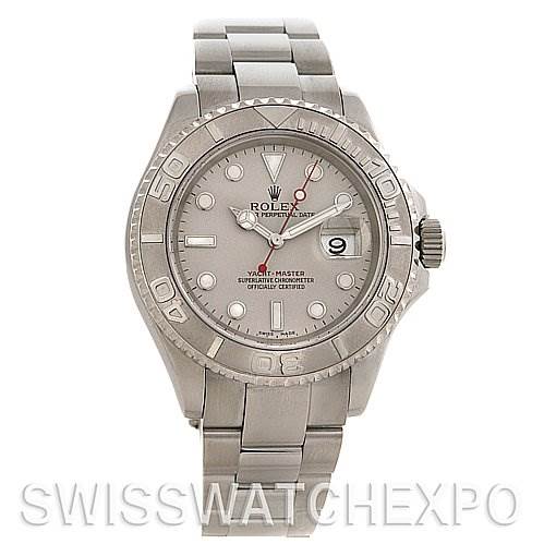 This image shows a front view of the Rolex Yacht-Master 16622 Men's Stainless Steel Silver Dial 16622 Men's Stainless Steel Silver Dial watch, highlighting the dial, bezel, and bracelet.