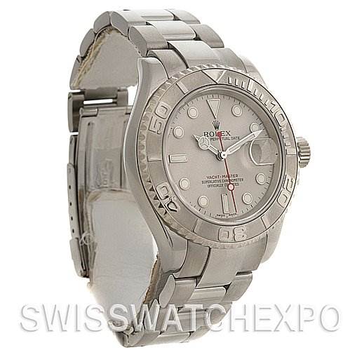 This image shows a side and front angle of a Rolex Yacht-Master 16622 Men's Stainless Steel Silver Dial 16622 Men's Stainless Steel Silver Dial watch, displaying the dial, bezel, case, and bracelet.