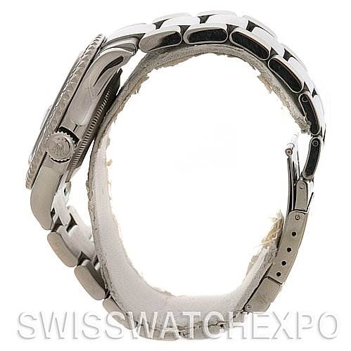 This image shows a side view of the Rolex Yacht-Master 16622 Men's Stainless Steel Silver Dial 16622 Men's Stainless Steel Silver Dial watch, highlighting the bezel, crown, and bracelet.