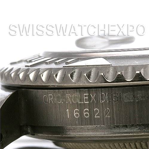 Close-up side view of the Rolex Yacht-Master 16622 Men's Stainless Steel Silver Dial 16622 Men's Stainless Steel Silver Dial watch showing the bezel, case edge, and model number "16622."