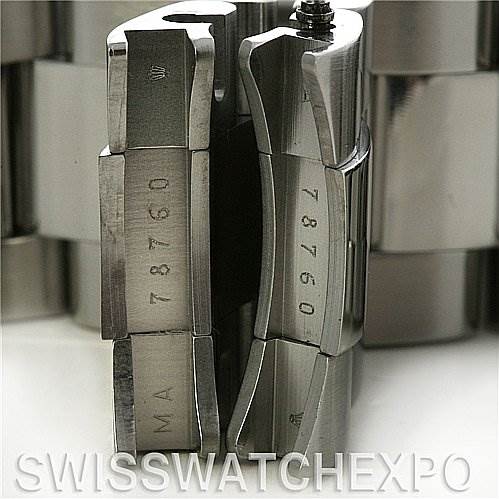 The image shows a close-up of the clasp and bracelet links for the Rolex Yacht-Master 16622 Men's Stainless Steel Silver Dial 16622 Men's Stainless Steel Silver Dial watch.