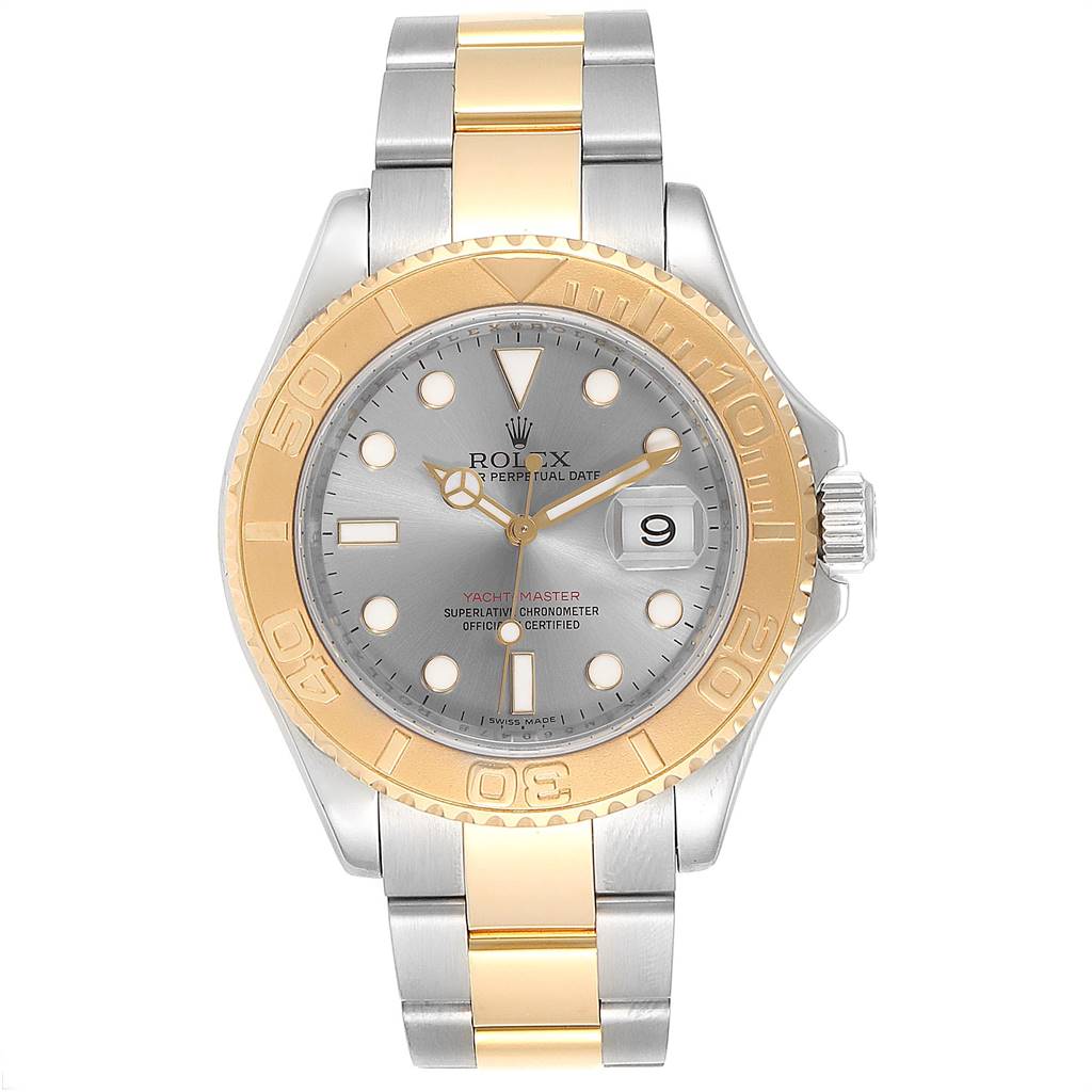 The Rolex Yacht-Master 16623 Men
s Stainless Steel Grey Dial 16623 Men
s Stainless Steel Grey Dial watch is shown from a front angle, displaying the face, bezel, crown, and bracelet.
