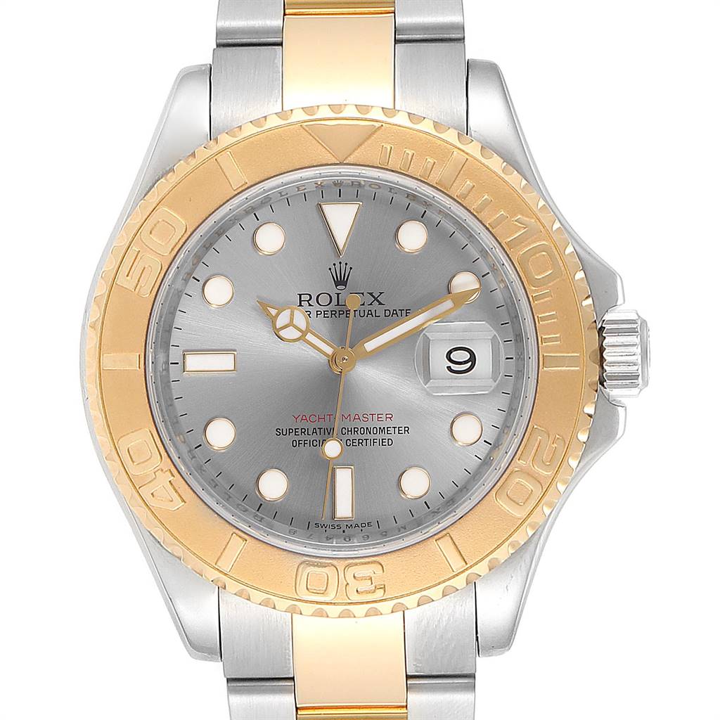 The image shows a front view of a Rolex Yacht-Master 16623 Men
s Stainless Steel Grey Dial 16623 Men
s Stainless Steel Grey Dial watch with a silver dial and gold bezel.