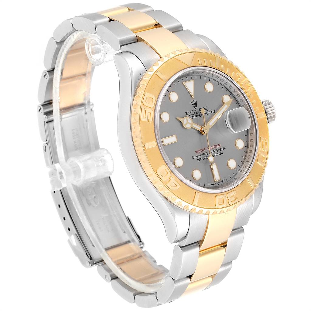 The Rolex Yacht-Master 16623 Men
s Stainless Steel Grey Dial 16623 Men
s Stainless Steel Grey Dial watch is shown at a three-quarter angle, highlighting its two-tone bracelet and bezel, and grey dial.