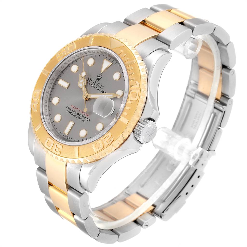 This image shows a Rolex Yacht-Master 16623 Men
s Stainless Steel Grey Dial 16623 Men
s Stainless Steel Grey Dial watch at a three-quarter angle, highlighting the face, bezel, and two-tone bracelet.