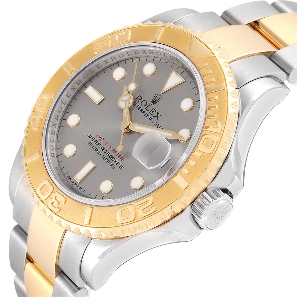 This image shows a Rolex Yacht-Master 16623 Men
s Stainless Steel Grey Dial 16623 Men
s Stainless Steel Grey Dial watch viewed at an angle, highlighting the bezel, dial, bracelet, and crown.