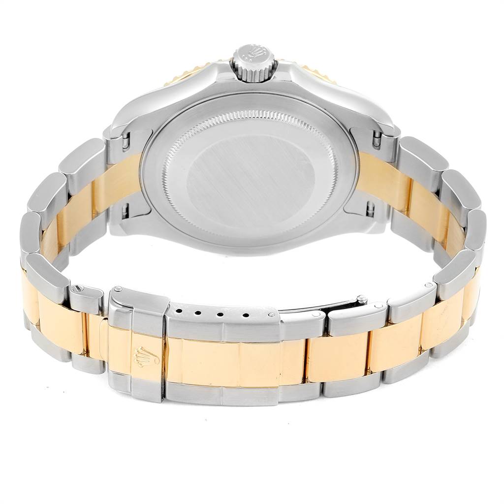 The image shows the back view of the Rolex Yacht-Master 16623 Men
s Stainless Steel Grey Dial 16623 Men
s Stainless Steel Grey Dial watch, highlighting its case back and bracelet.