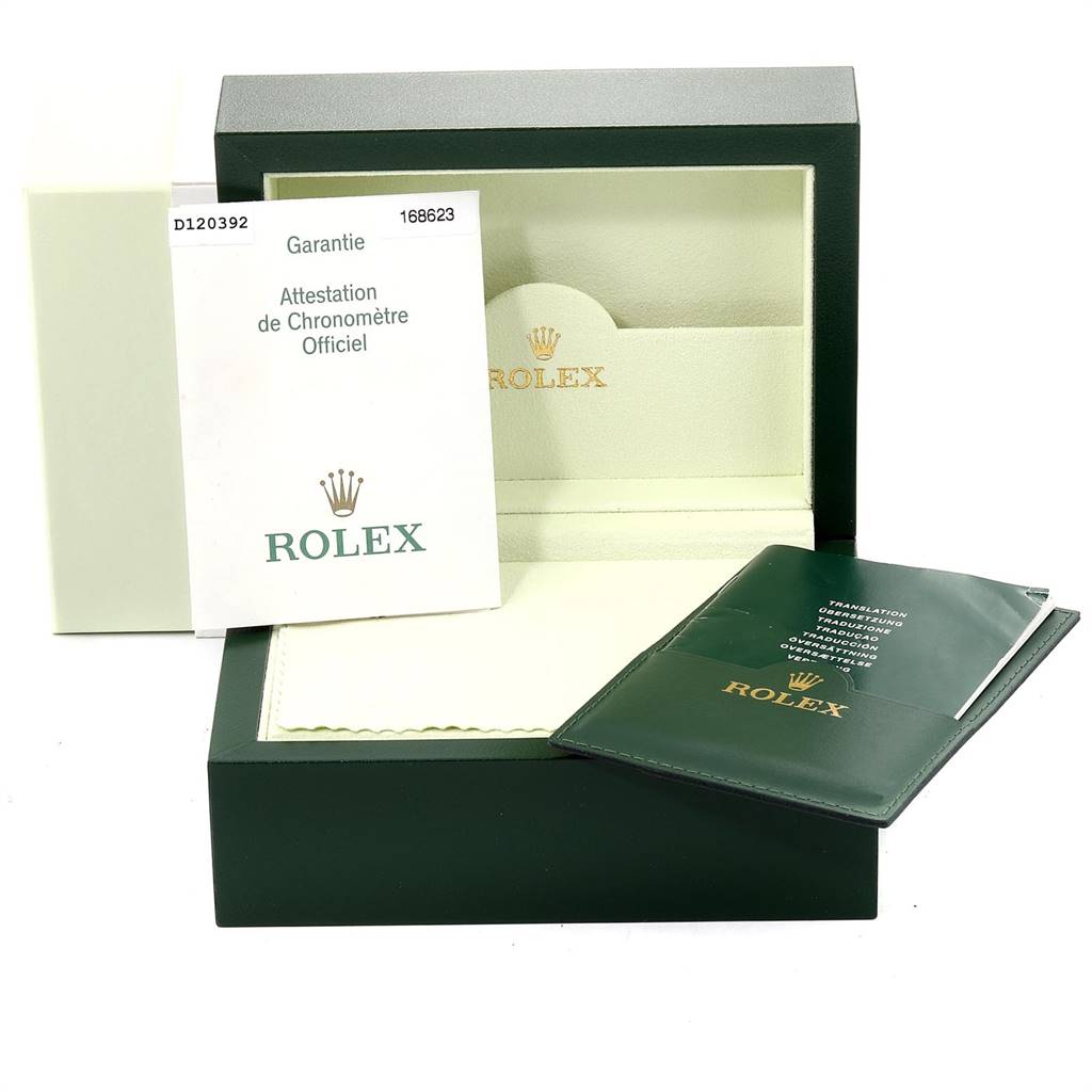 The image shows an open Rolex Yacht-Master 168623 Men's Steel and Gold (two tone) White Dial 168623 Men's Steel and Gold (two tone) White Dial watch box with warranty card, official chronometer certification, and documentation.