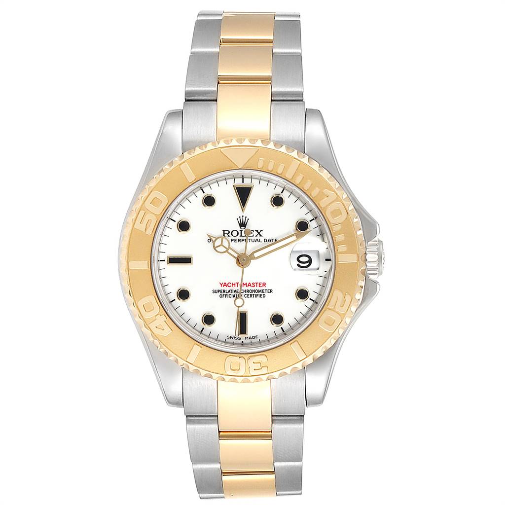 The image shows a front view of the Rolex Yacht-Master 168623 Men's Steel and Gold (two tone) White Dial 168623 Men's Steel and Gold (two tone) White Dial watch, including the face, bezel, and bracelet.