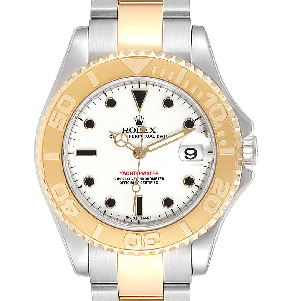 The image shows a front view of a Rolex Yacht-Master 168623 Men's Steel and Gold (two tone) White Dial 168623 Men's Steel and Gold (two tone) White Dial watch with a gold bezel and a two-tone metal bracelet.