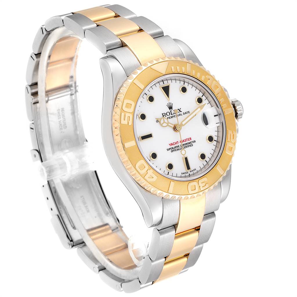 The image shows a Rolex Yacht-Master 168623 Men's Steel and Gold (two tone) White Dial 168623 Men's Steel and Gold (two tone) White Dial watch from a three-quarter angle, highlighting the face, bezel, and bracelet.