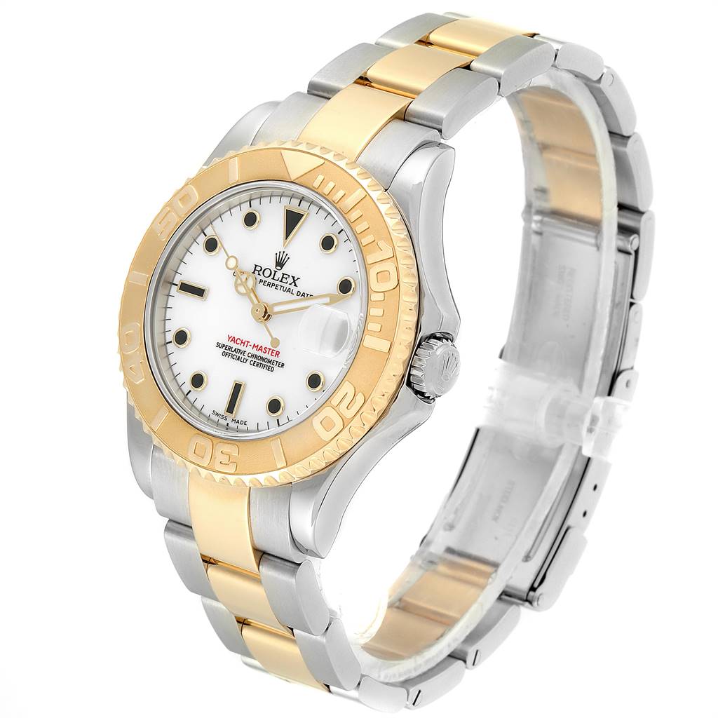 The Rolex Yacht-Master 168623 Men's Steel and Gold (two tone) White Dial 168623 Men's Steel and Gold (two tone) White Dial watch is shown at a slight angle highlighting the face, bezel, and two-tone bracelet.