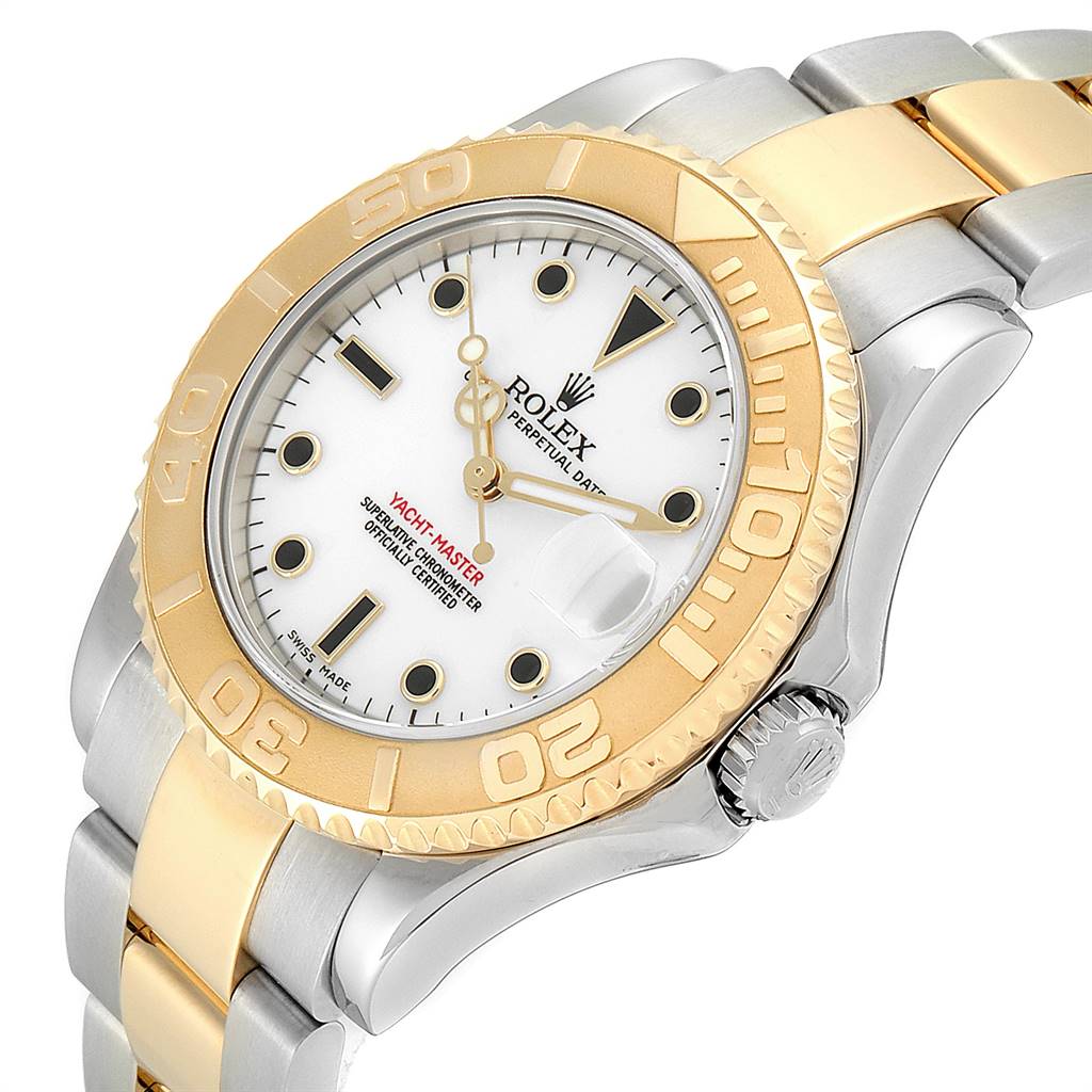 The image shows a Rolex Yacht-Master 168623 Men's Steel and Gold (two tone) White Dial 168623 Men's Steel and Gold (two tone) White Dial watch at a 3/4 angle, highlighting its dial, bezel, bracelet, and crown.