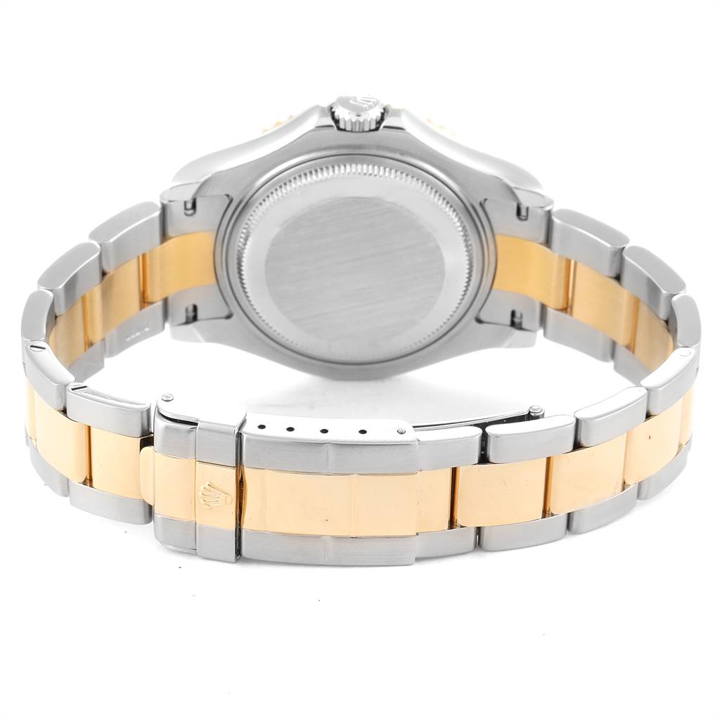 The image shows the back view of a Rolex Yacht-Master 168623 Men's Steel and Gold (two tone) White Dial 168623 Men's Steel and Gold (two tone) White Dial watch, focusing on the caseback and two-tone bracelet.