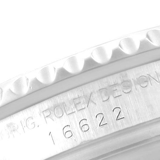 This image shows a close-up of the bezel and engraved case details of a Rolex Yacht-Master 16622 Men
s Stainless Steel Silver Dial 16622 Men
s Stainless Steel Silver Dial model watch.