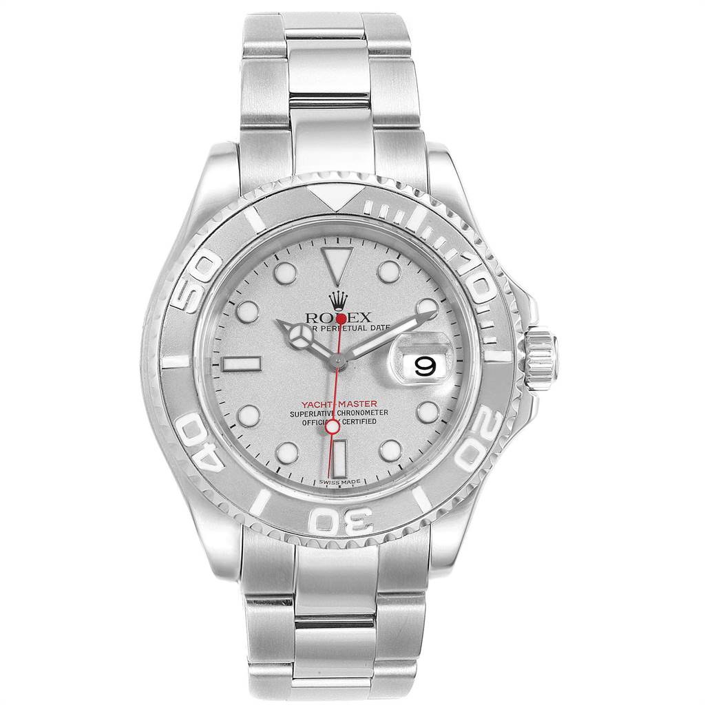 This image shows a frontal view of the Rolex Yacht-Master 16622 Men
s Stainless Steel Silver Dial 16622 Men
s Stainless Steel Silver Dial watch, displaying its dial, bezel, crown, and bracelet.