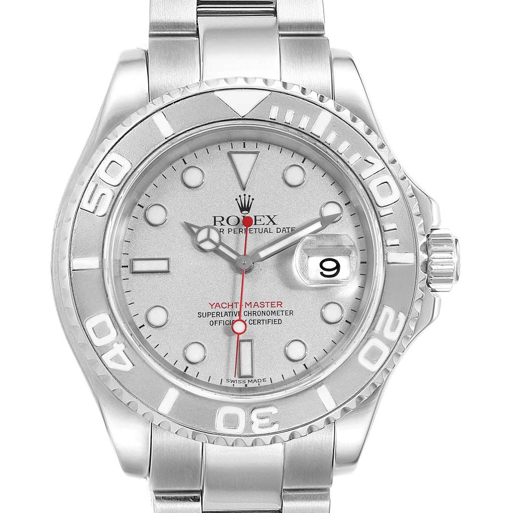 The image shows a front view of a Rolex Yacht-Master 16622 Men
s Stainless Steel Silver Dial 16622 Men
s Stainless Steel Silver Dial watch, highlighting its bezel, dial, hands, and bracelet.