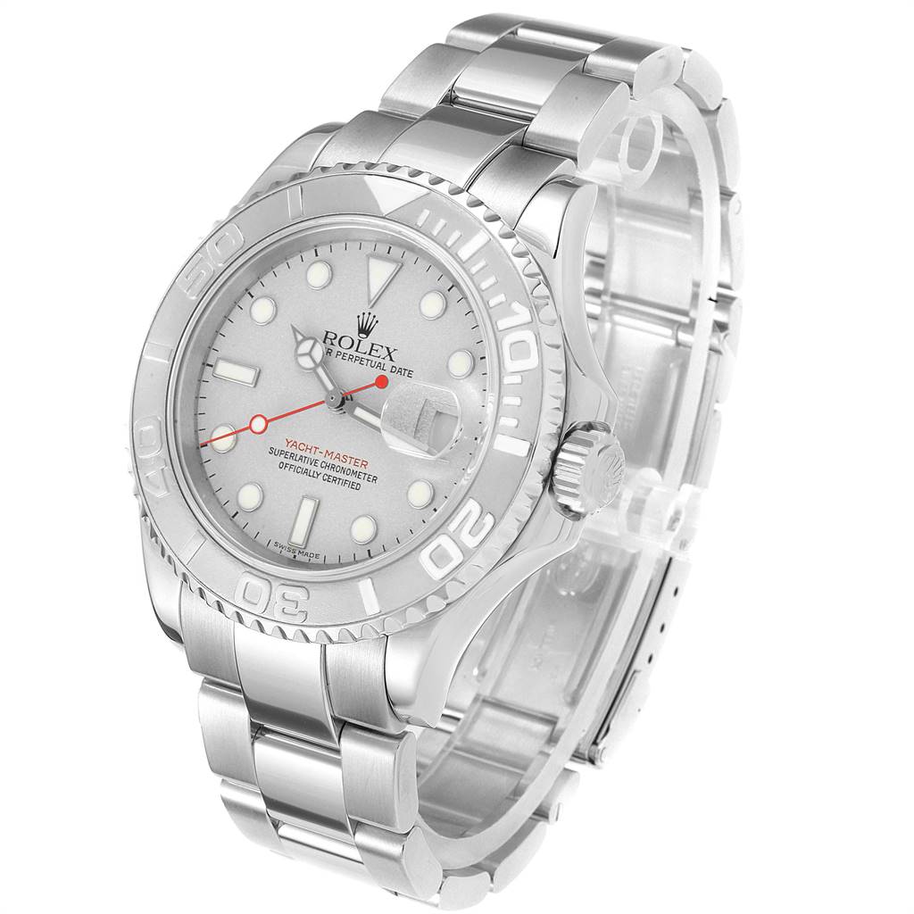 The image shows a Rolex Yacht-Master 16622 Men
s Stainless Steel Silver Dial 16622 Men
s Stainless Steel Silver Dial watch at a three-quarter angle, highlighting the face, bezel, crown, and bracelet.