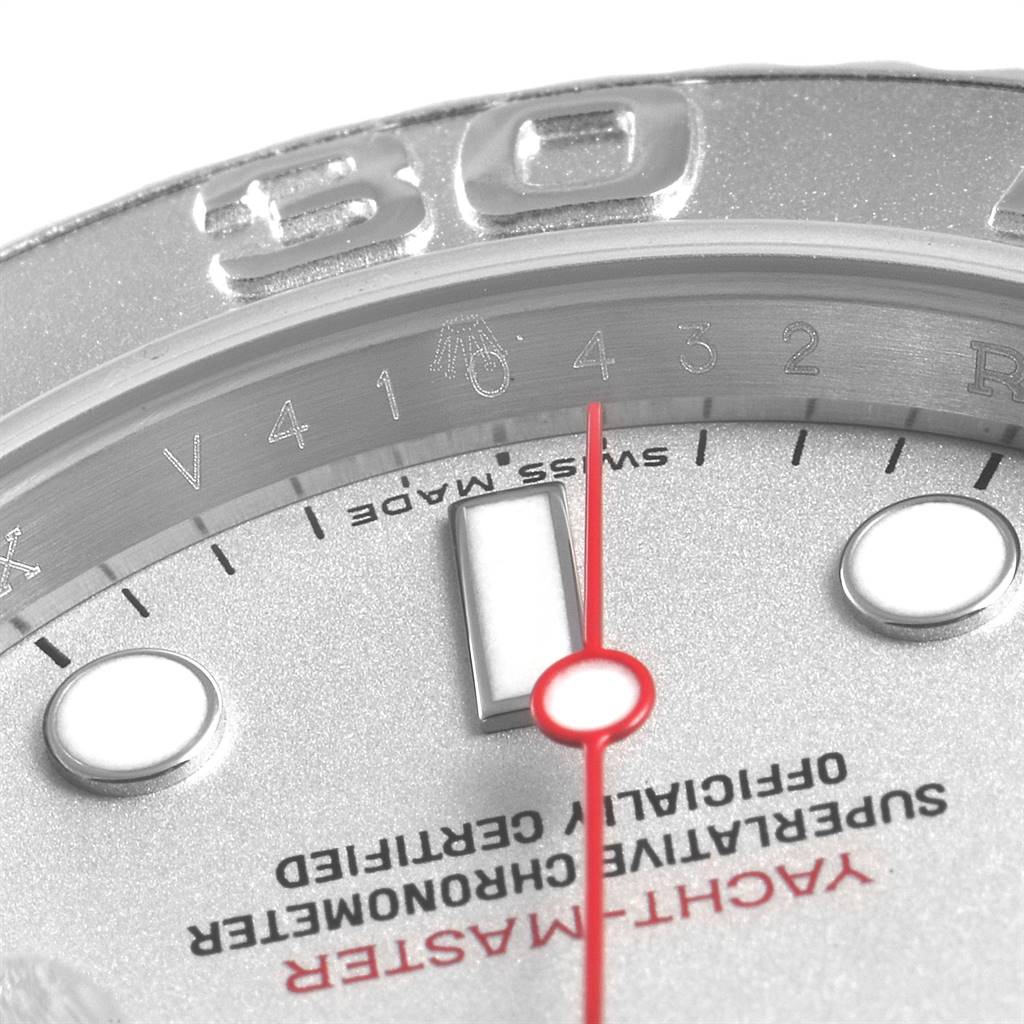 This close-up image of a Rolex Yacht-Master 16622 Men
s Stainless Steel Silver Dial 16622 Men
s Stainless Steel Silver Dial watch showcases the bezel, part of the dial, and the second hand.