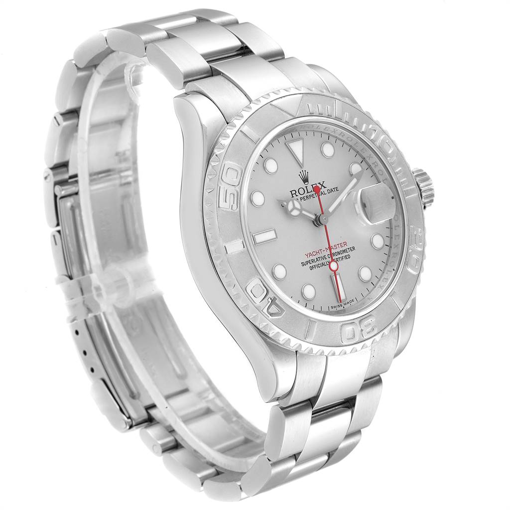 The image shows a Rolex Yacht-Master 16622 Men
s Stainless Steel Silver Dial 16622 Men
s Stainless Steel Silver Dial watch from an angled view, highlighting the face, bezel, crown, and bracelet.