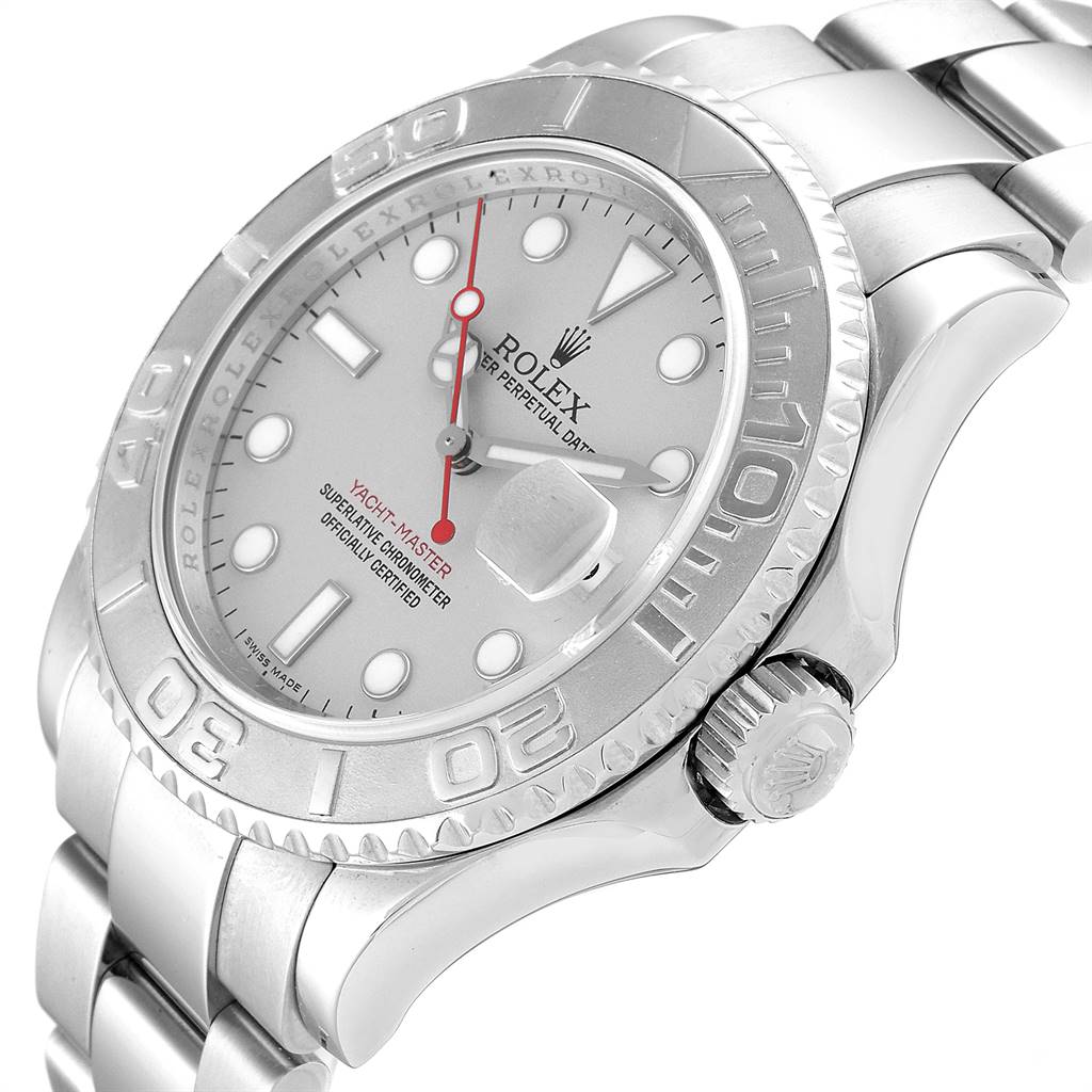 The image shows a Rolex Yacht-Master 16622 Men
s Stainless Steel Silver Dial 16622 Men
s Stainless Steel Silver Dial watch at a slight angle, highlighting the dial, bezel, crown, and part of the bracelet.