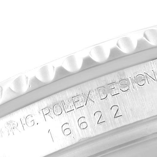 The image shows a close-up angle of the bezel and inscription of the Rolex Yacht-Master 16622 Men
s Stainless Steel Silver Dial 16622 Men
s Stainless Steel Silver Dial model 16622.