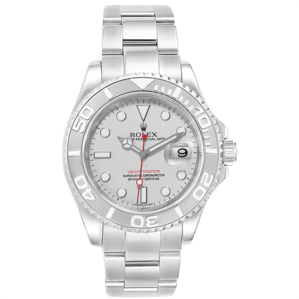 The image shows a front view of a Rolex Yacht-Master 16622 Men
s Stainless Steel Silver Dial 16622 Men
s Stainless Steel Silver Dial, displaying its dial, bracelet, crown, and bezel.