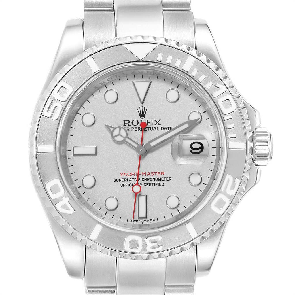 This image shows a front view of the Rolex Yacht-Master 16622 Men
s Stainless Steel Silver Dial 16622 Men
s Stainless Steel Silver Dial watch, displaying the dial, hands, bezel, date window, and bracelet.