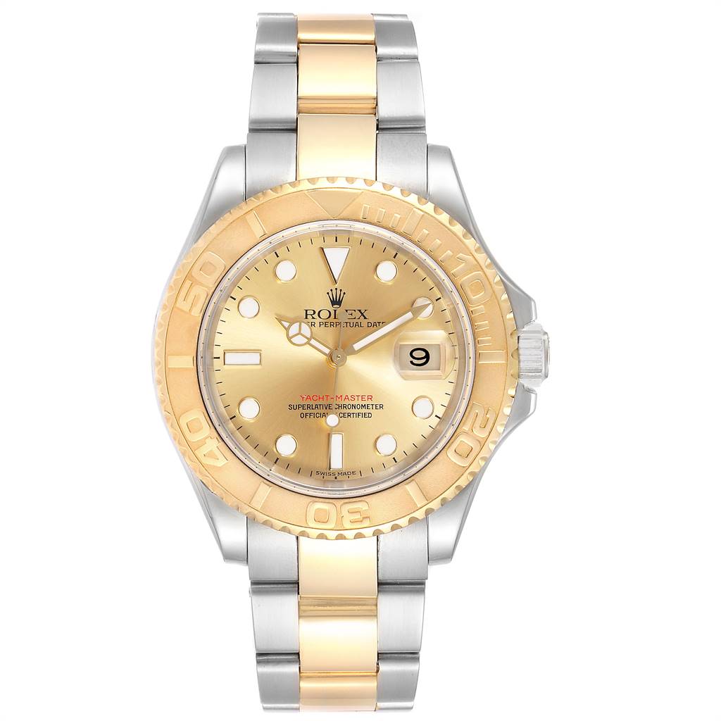 This image shows a frontal view of a Rolex Yacht-Master 16623 Men's Stainless Steel Champagne Dial 16623 Men's Stainless Steel Champagne Dial watch, highlighting its gold and silver bracelet and bezel.