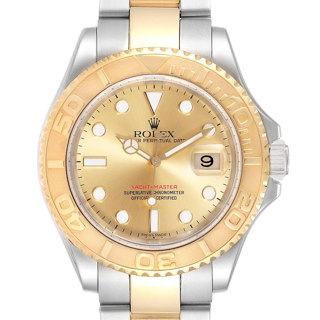 The image shows a front view of a Rolex Yacht-Master 16623 Men's Stainless Steel Champagne Dial 16623 Men's Stainless Steel Champagne Dial watch, highlighting its gold bezel, dial with luminous markers, and date feature.