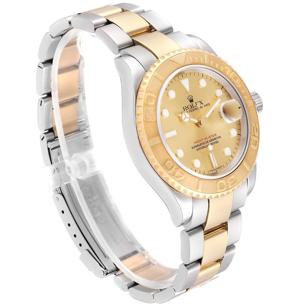 The Rolex Yacht-Master 16623 Men's Stainless Steel Champagne Dial 16623 Men's Stainless Steel Champagne Dial watch is shown at a three-quarter angle, displaying the face, bezel, crown, and part of the bracelet.